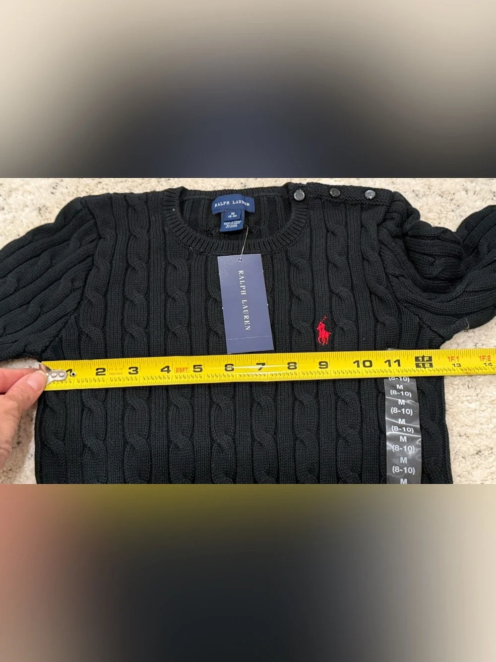 Ralph Lauren Boys Cable Knit Sweater Black Red Pony Shoulder Buttons M 8-10 NWT